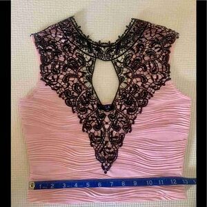 Pink Lace Applique Crop Top with Black Crochet Detail
